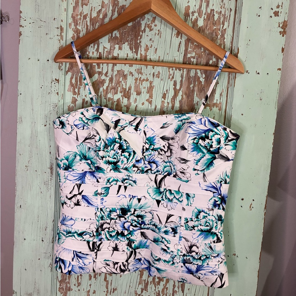 White House Black Market Floral Corset Blue and Black on White